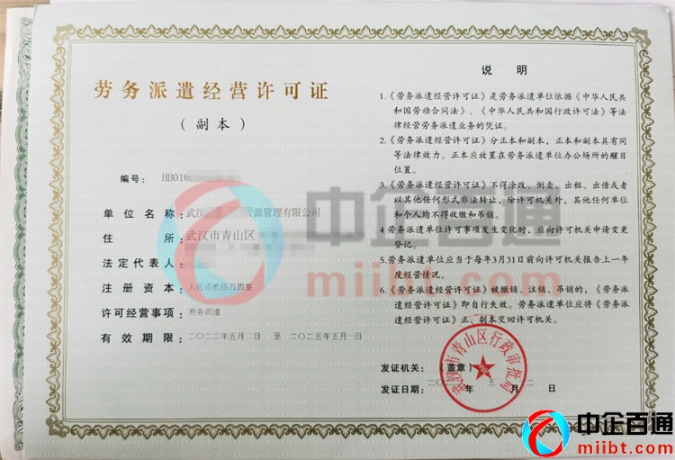 武汉青山区2022年5月份劳务派遣许可证样例