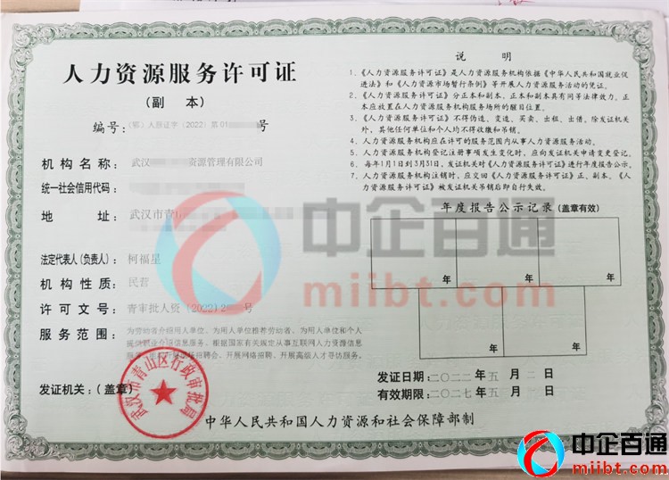武汉青山区人力资源许可证样本案例(2022年)