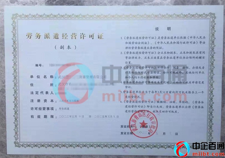 武汉2022年5月劳务派遣许可证样例