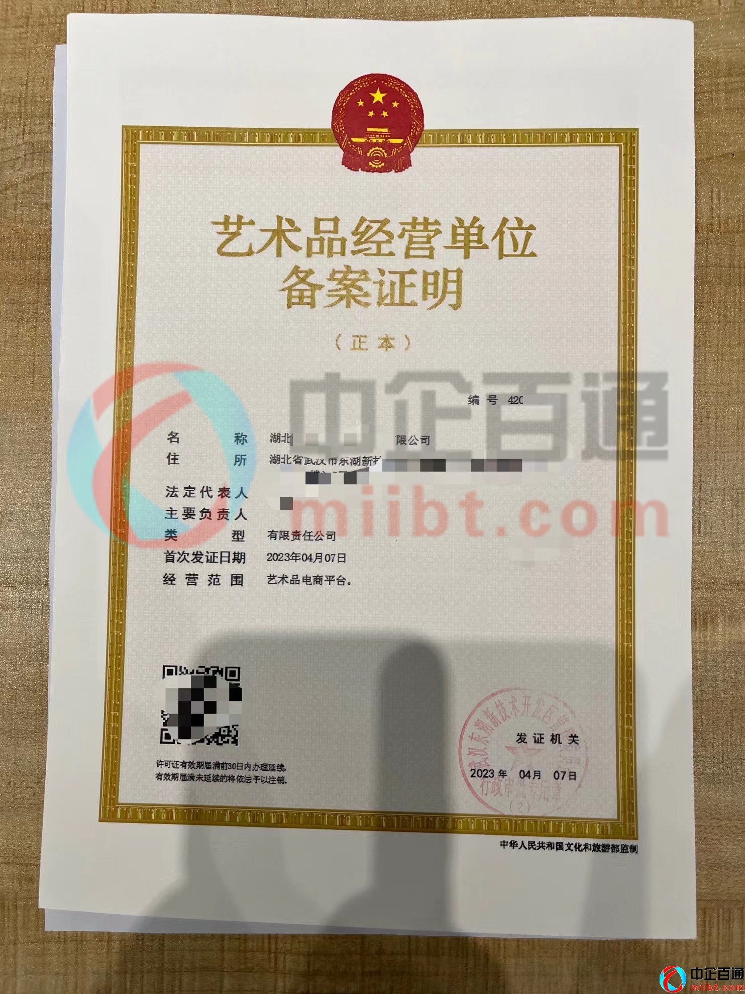 武汉艺术品经营单位备案样例（2023年4月）