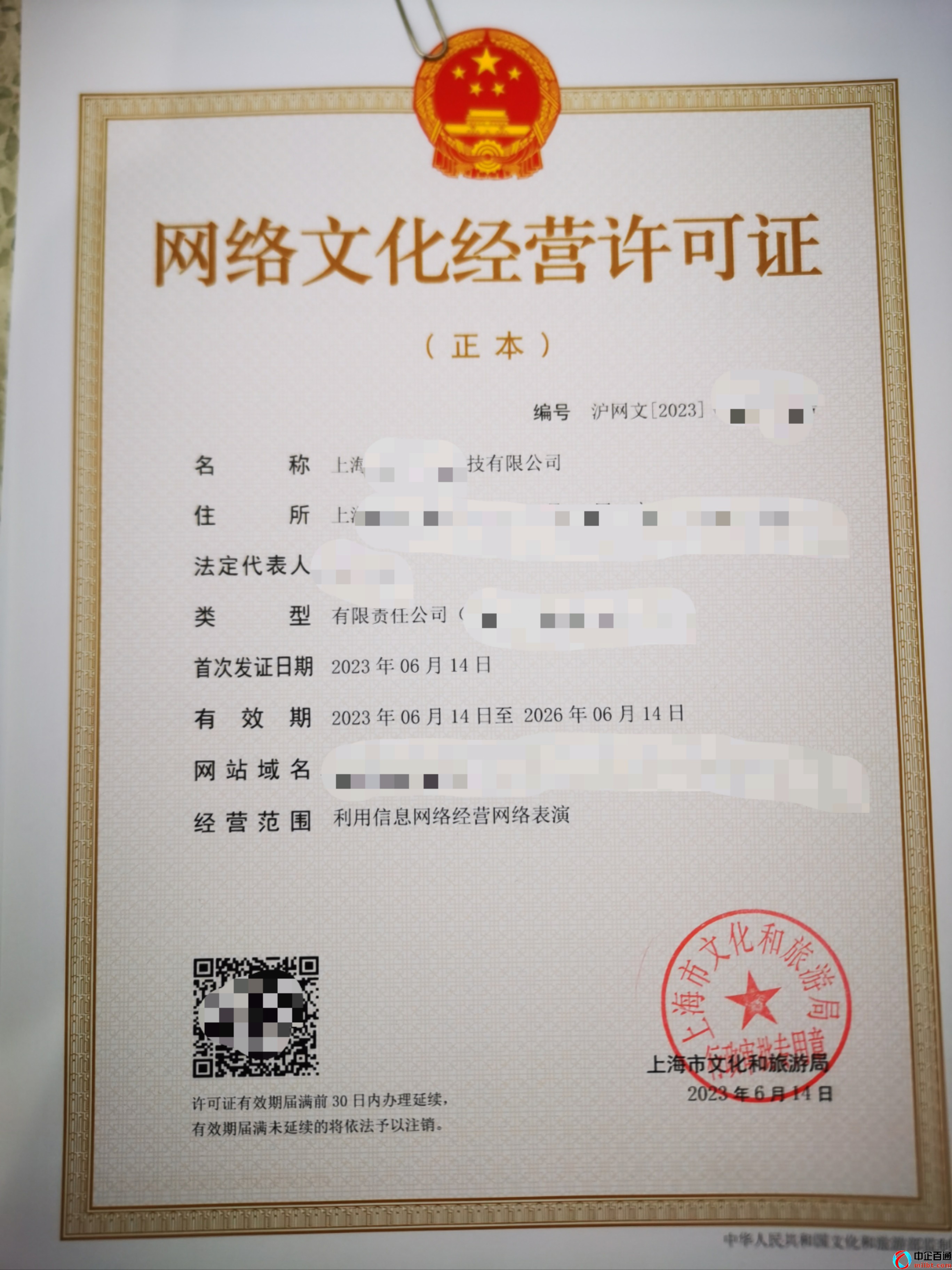 上海表演文网文证案例（网络文化经营许可证2023年6月）